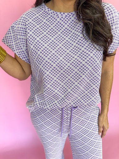 See And Be Seen T3872 Women's Set Lavender Set Spring Set Work Set Short Sleeve Wide Leg Crop Length Boutique Set Geometric Purple Jincy's