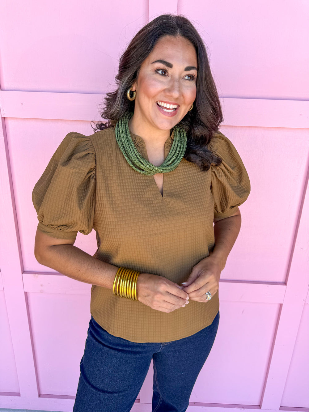 ruffle v neckline puff sleeve button cuff olive waffle material olive womens boutique jincy's