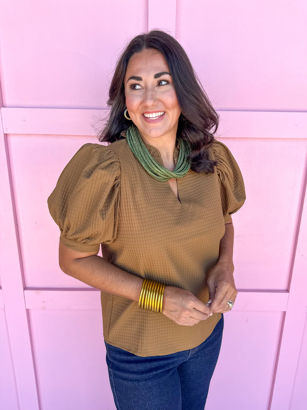 ruffle v neckline puff sleeve button cuff olive waffle material olive womens boutique jincy's