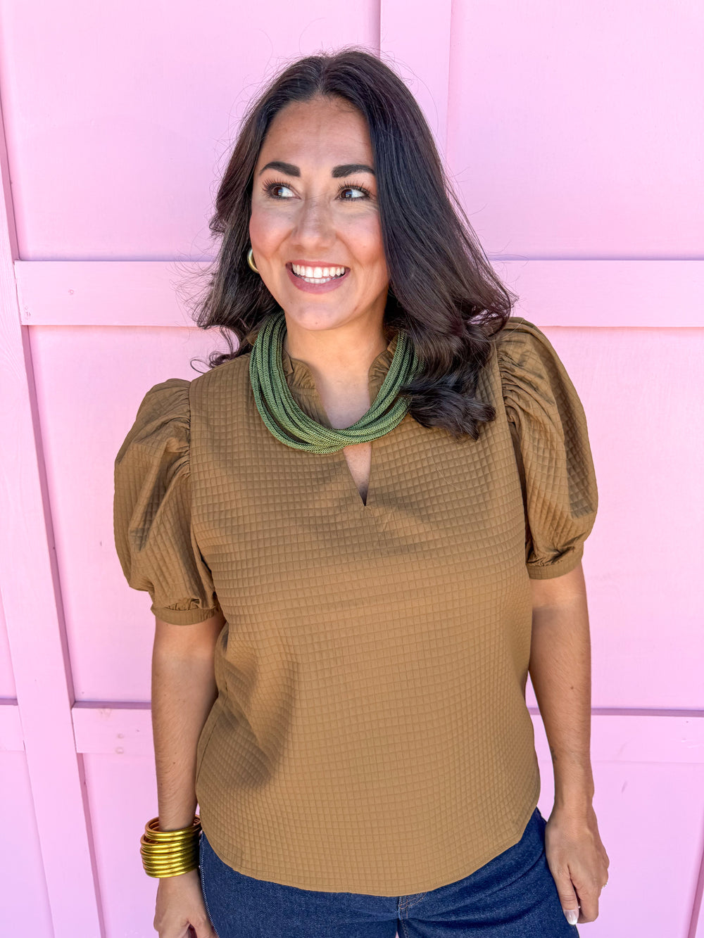 ruffle v neckline puff sleeve button cuff olive waffle material olive womens boutique jincy's