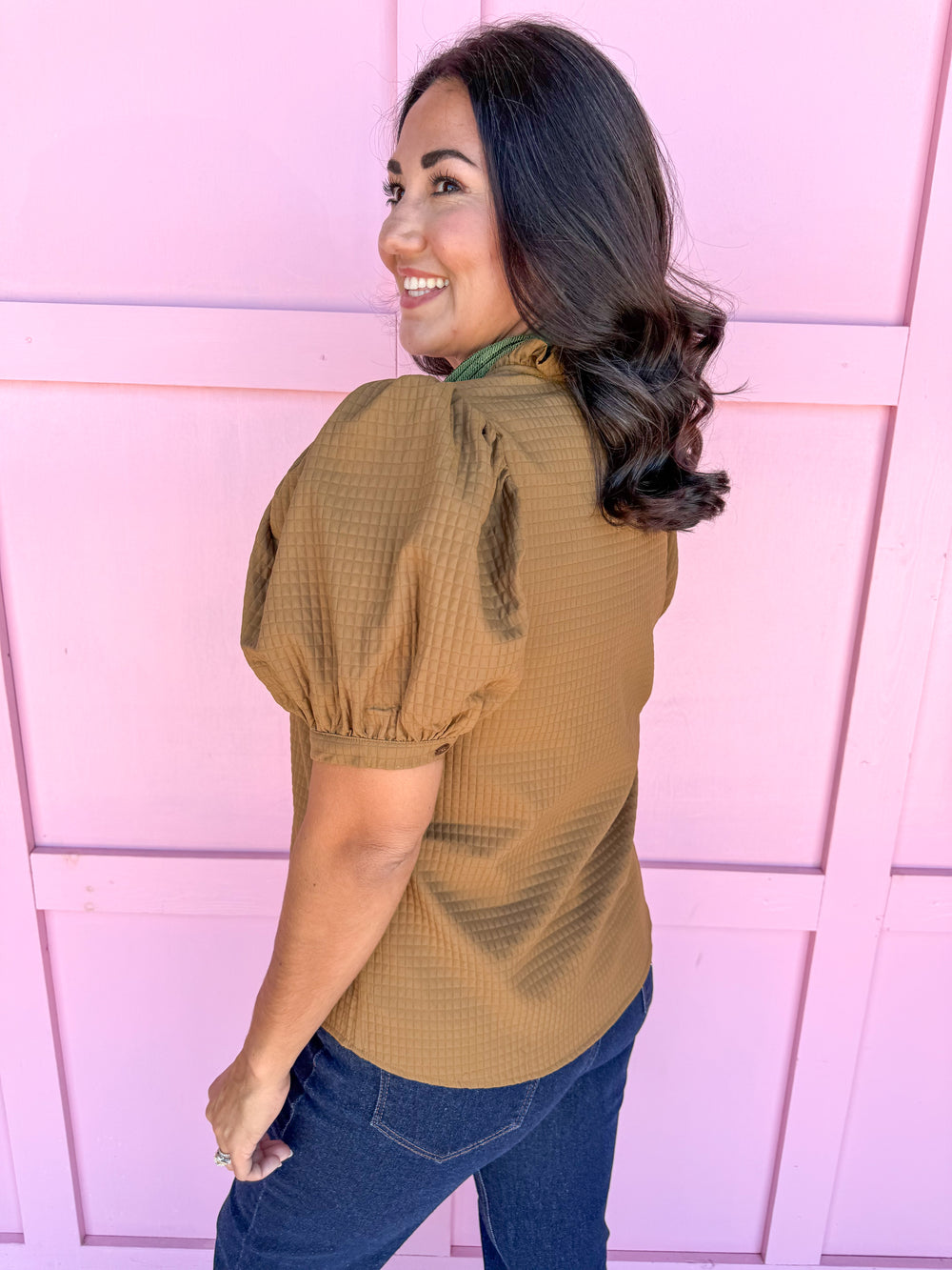 ruffle v neckline puff sleeve button cuff olive waffle material olive womens boutique jincy's