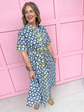 womens boutique dress front buttons colorful hem lined palms blues collared jincy's