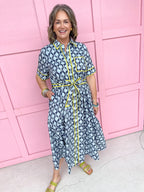womens boutique dress front buttons colorful hem lined palms blues collared jincy's