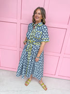 womens boutique dress front buttons colorful hem lined palms blues collared jincy's