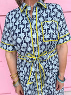 womens boutique dress front buttons colorful hem lined palms blues collared jincy's