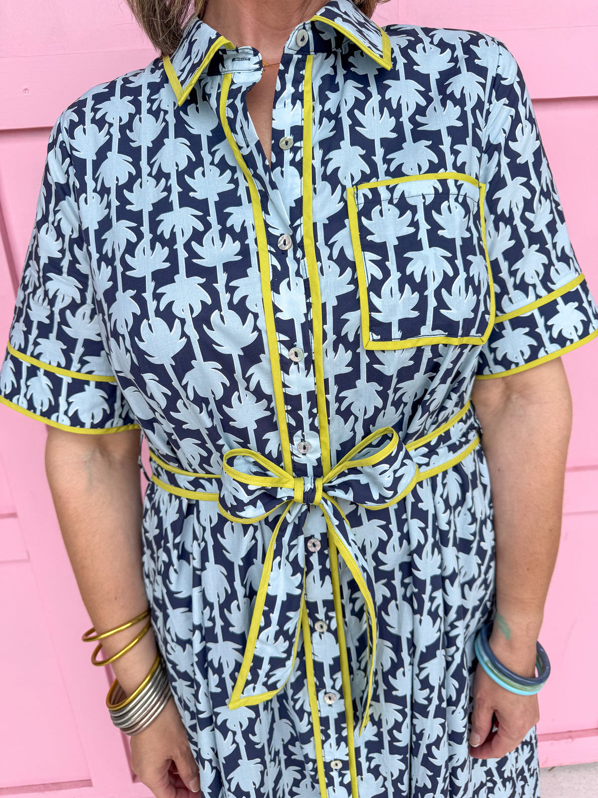 womens boutique dress front buttons colorful hem lined palms blues collared jincy's