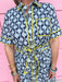 womens boutique dress front buttons colorful hem lined palms blues collared jincy's
