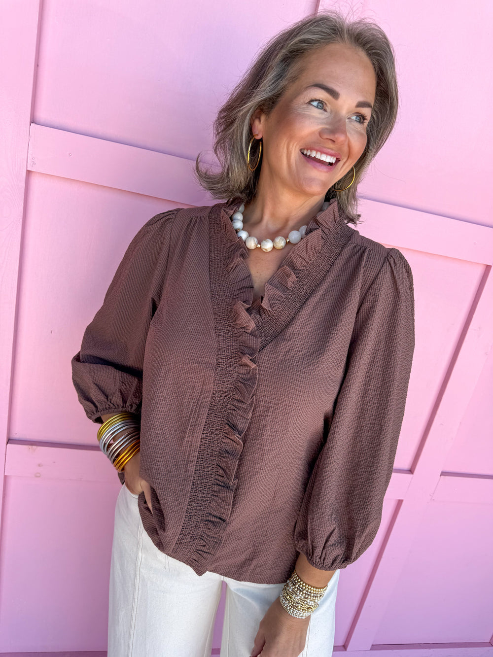 womens boutique ruffle collar ruffle neckline brown 3/4 length sleeve waffle material lightweight jincy's