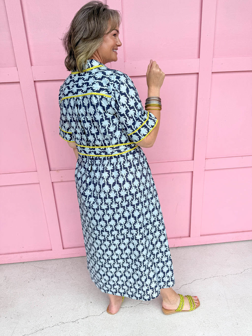 womens boutique dress front buttons colorful hem lined palms blues collared jincy's