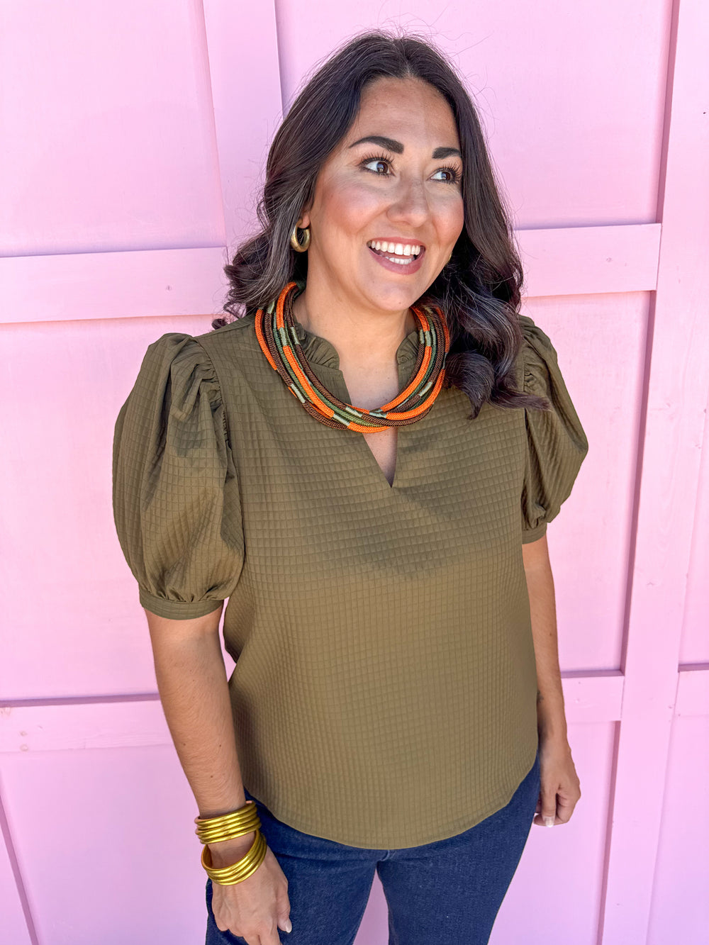 ruffle v neckline puff sleeve button cuff olive waffle material olive womens boutique jincy's