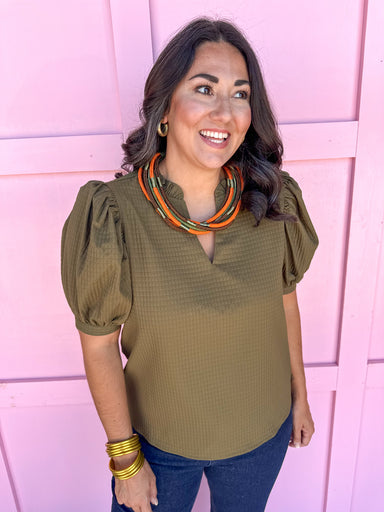 ruffle v neckline puff sleeve button cuff olive waffle material olive womens boutique jincy's