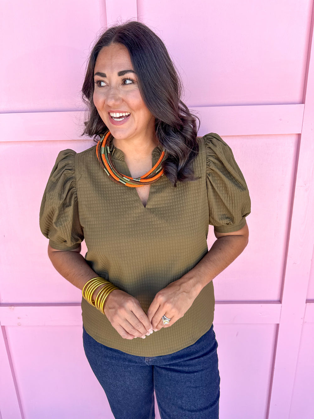 ruffle v neckline puff sleeve button cuff olive waffle material olive womens boutique jincy's