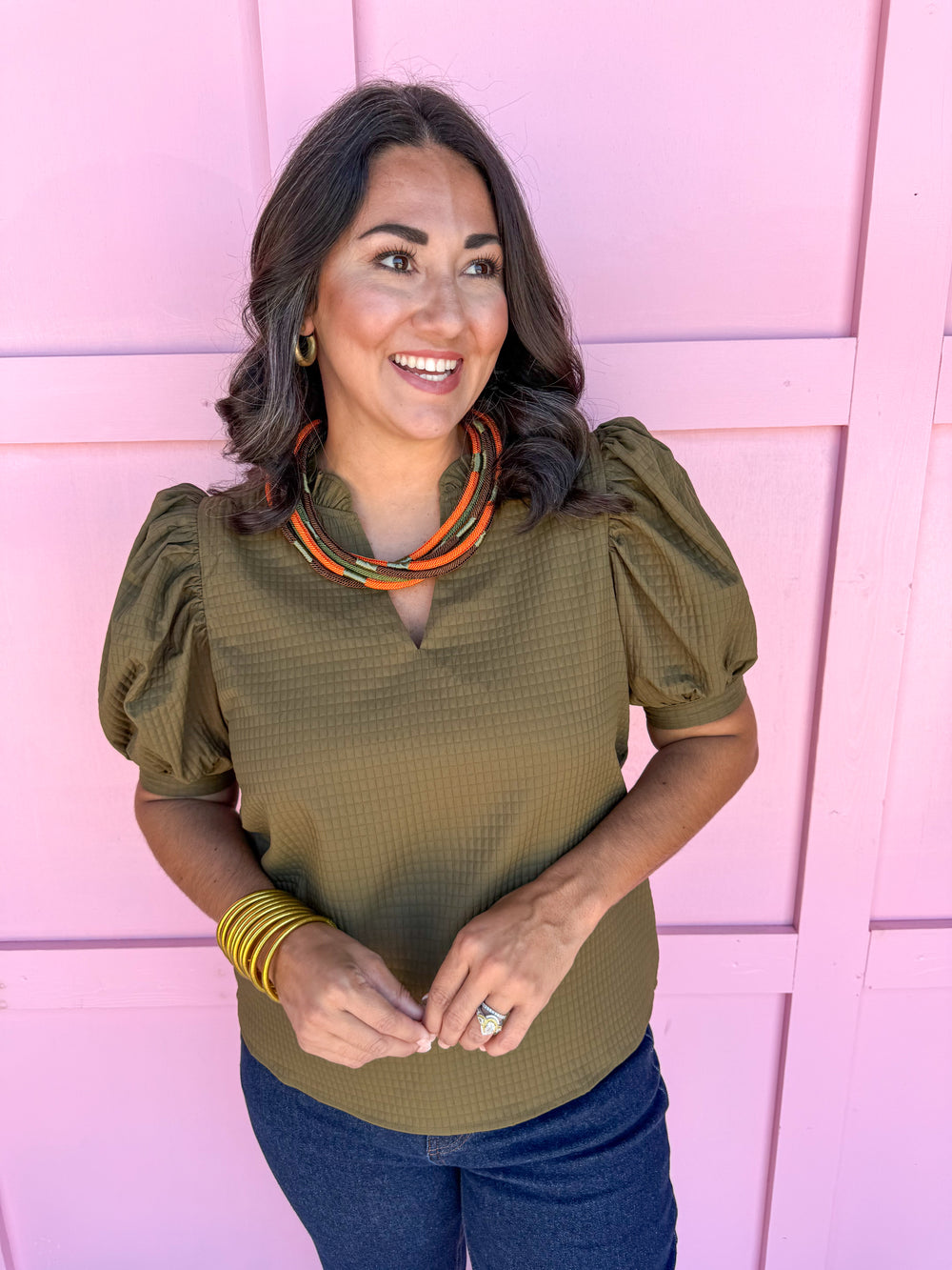 ruffle v neckline puff sleeve button cuff olive waffle material olive womens boutique jincy's
