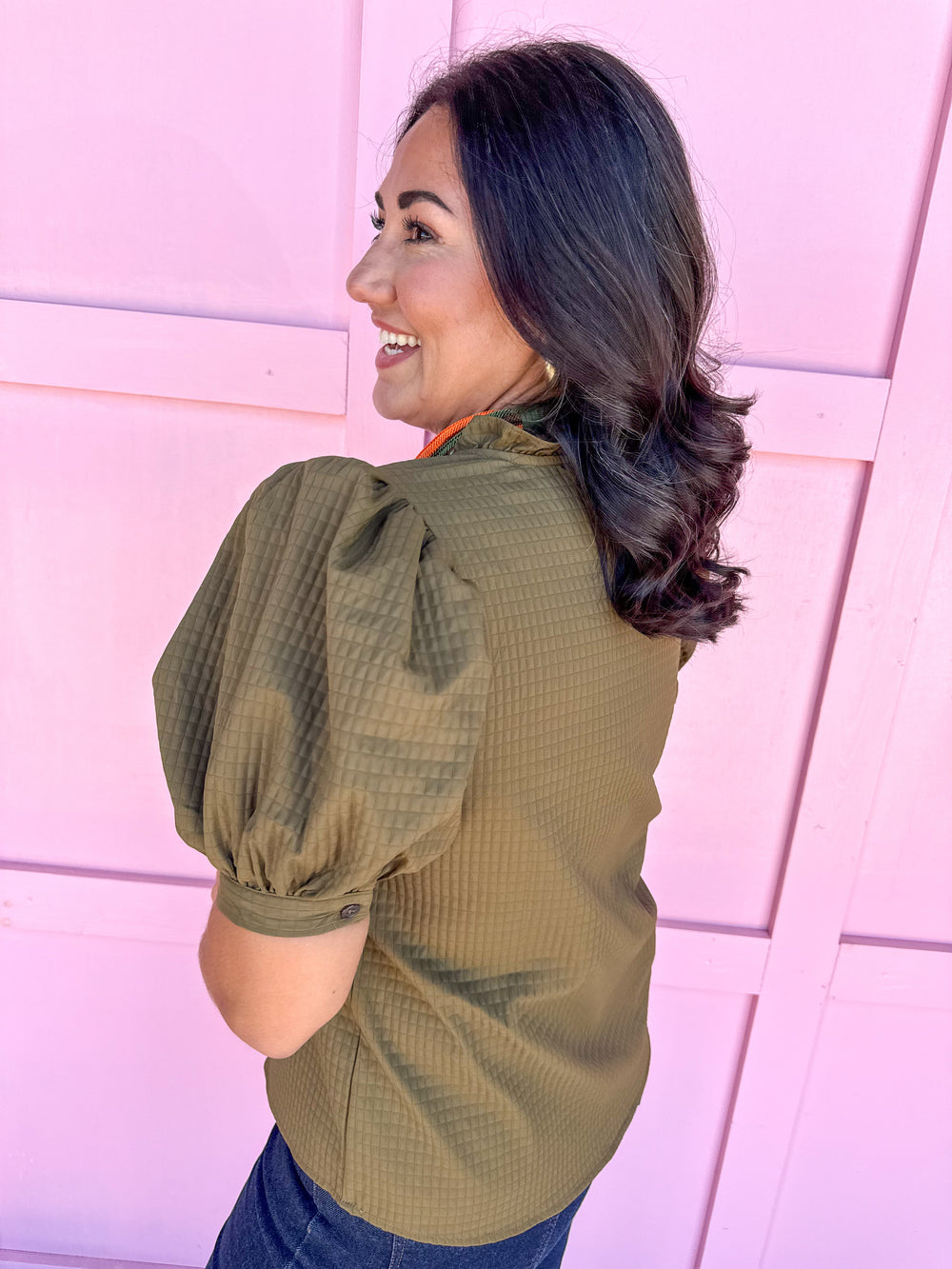 ruffle v neckline puff sleeve button cuff olive waffle material olive womens boutique jincy's