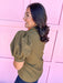 ruffle v neckline puff sleeve button cuff olive waffle material olive womens boutique jincy's