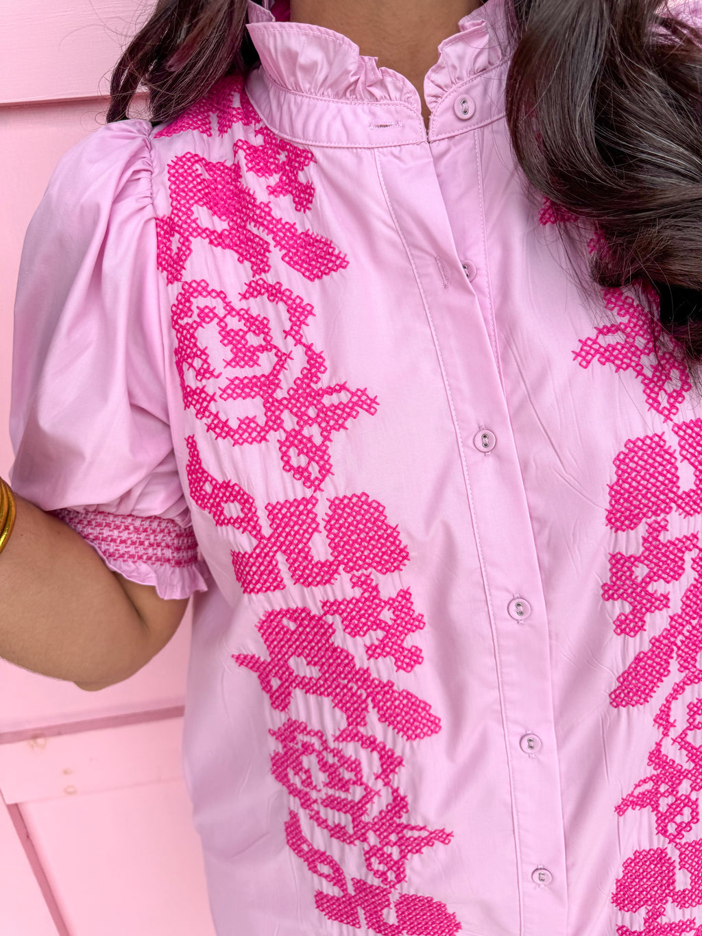 womens boutique mini ruffle collar puff sleeves mini length full front button pinks jincy's