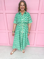 womens boutique dress front buttons colorful hem lined palms greens collared jincy's