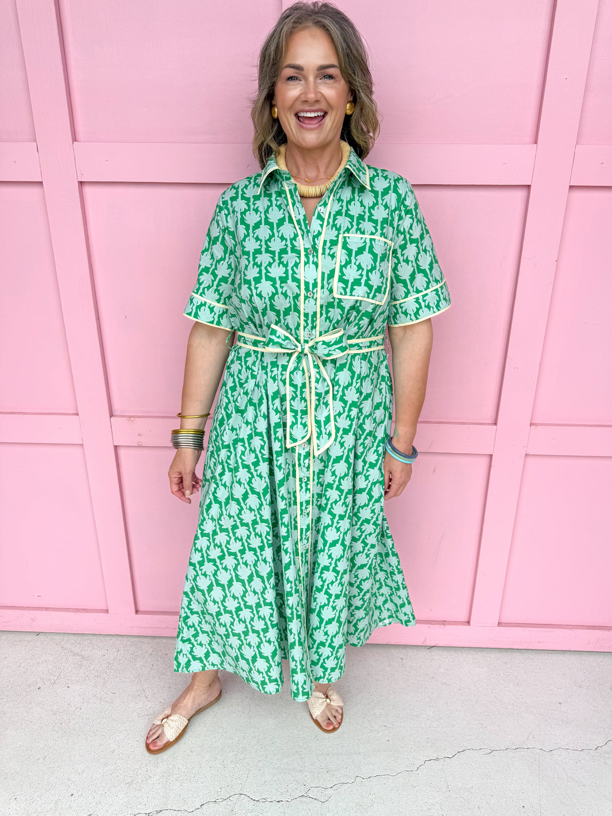 womens boutique dress front buttons colorful hem lined palms greens collared jincy's