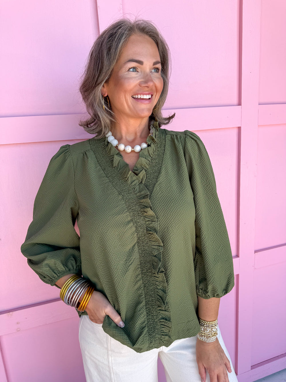 womens boutique ruffle collar ruffle neckline olive 3/4 length sleeve waffle material lightweight jincy's