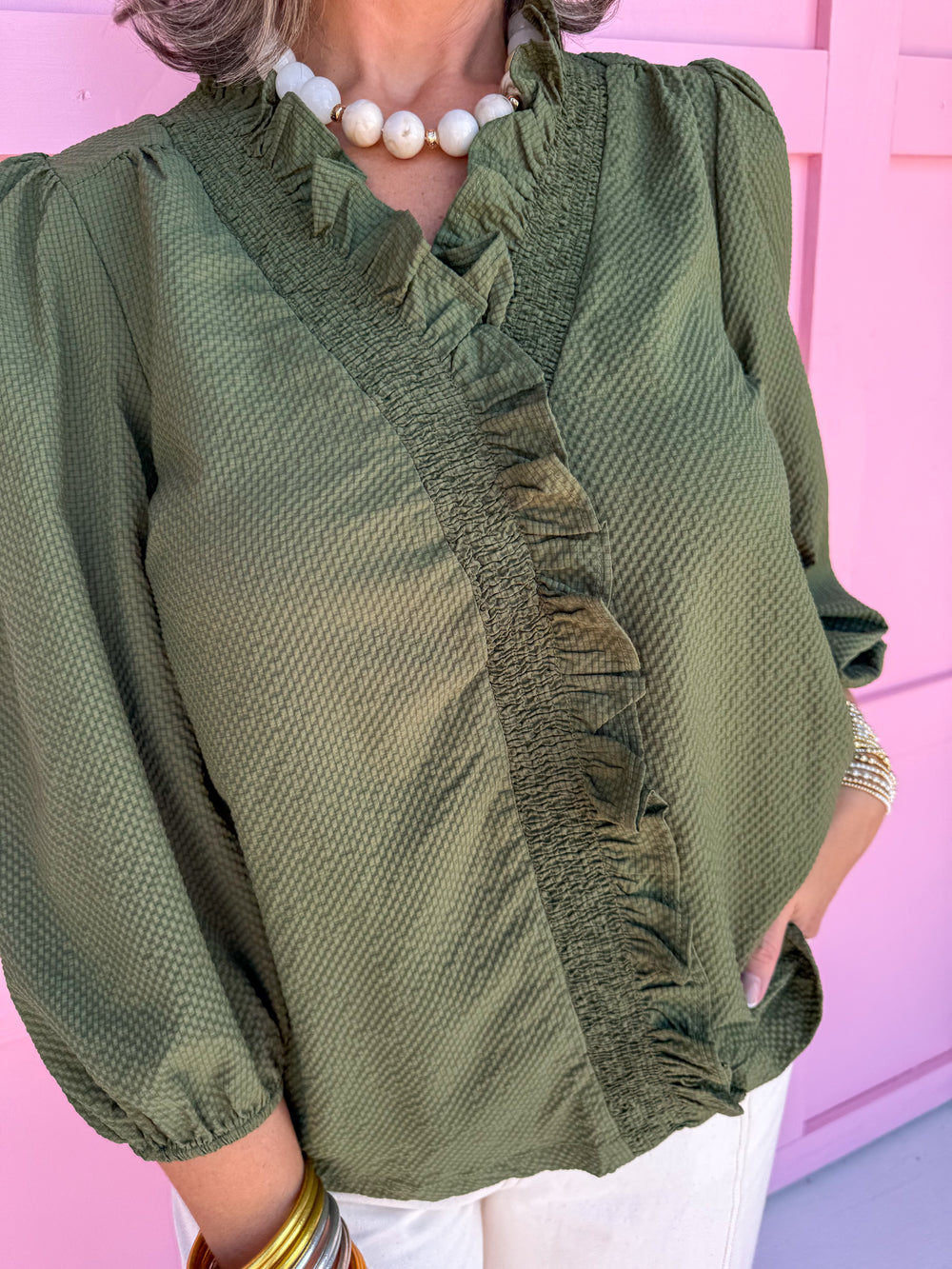 womens boutique ruffle collar ruffle neckline olive 3/4 length sleeve waffle material lightweight jincy's