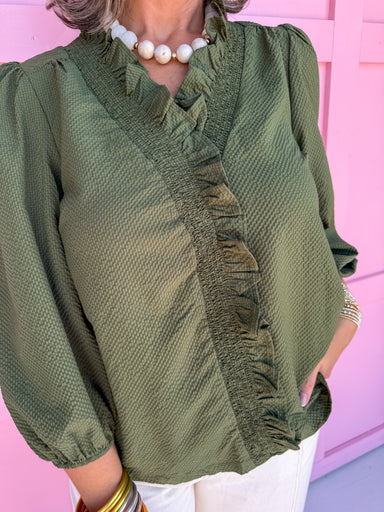 womens boutique ruffle collar ruffle neckline olive 3/4 length sleeve waffle material lightweight jincy's
