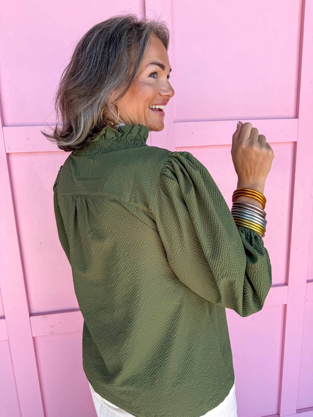 womens boutique ruffle collar ruffle neckline olive 3/4 length sleeve waffle material lightweight jincy's