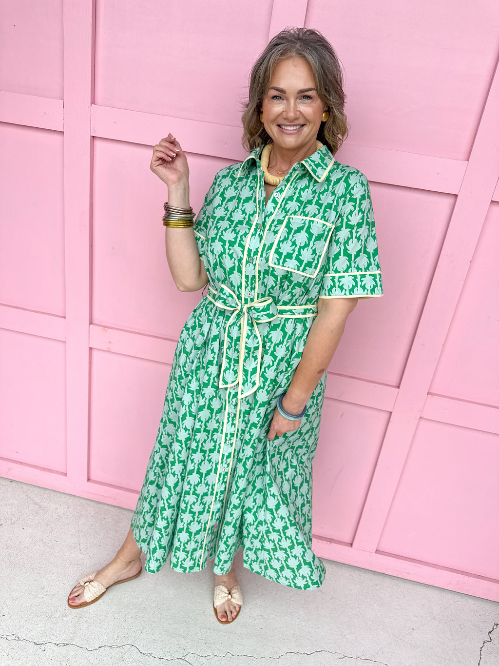 womens boutique dress front buttons colorful hem lined palms greens collared jincy's