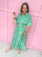 womens boutique dress front buttons colorful hem lined palms greens collared jincy's