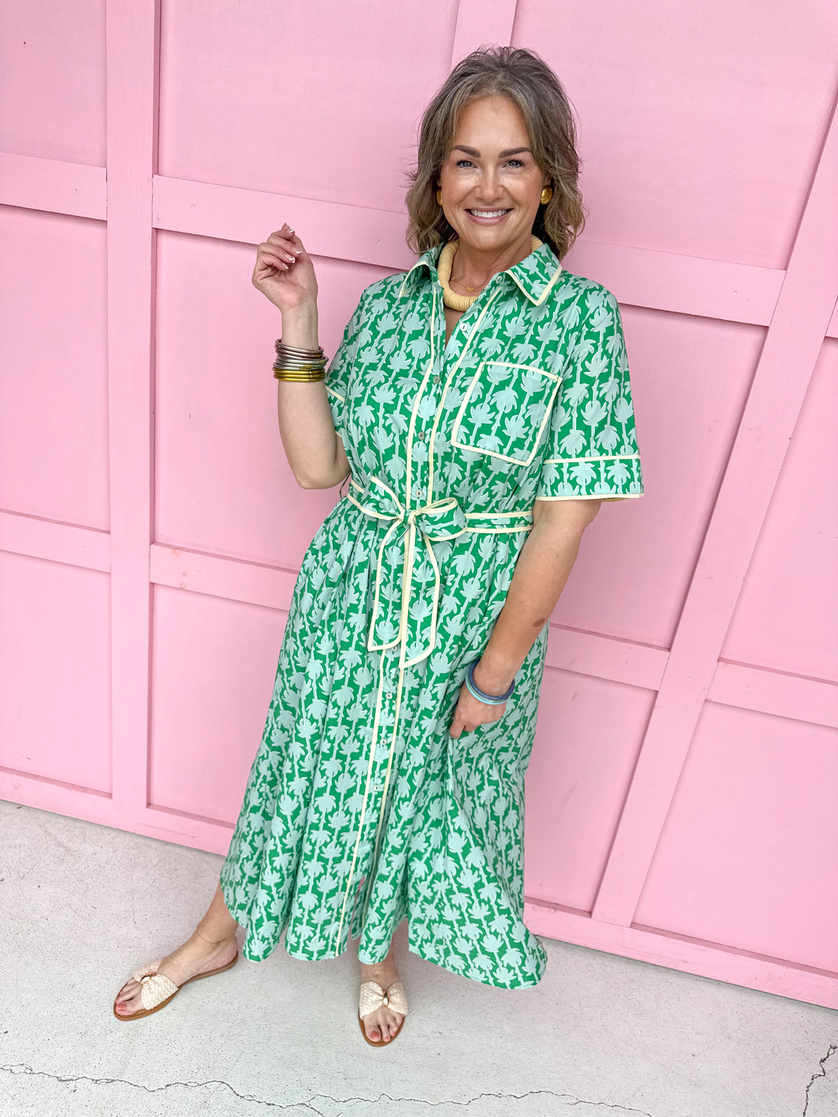 womens boutique dress front buttons colorful hem lined palms greens collared jincy's