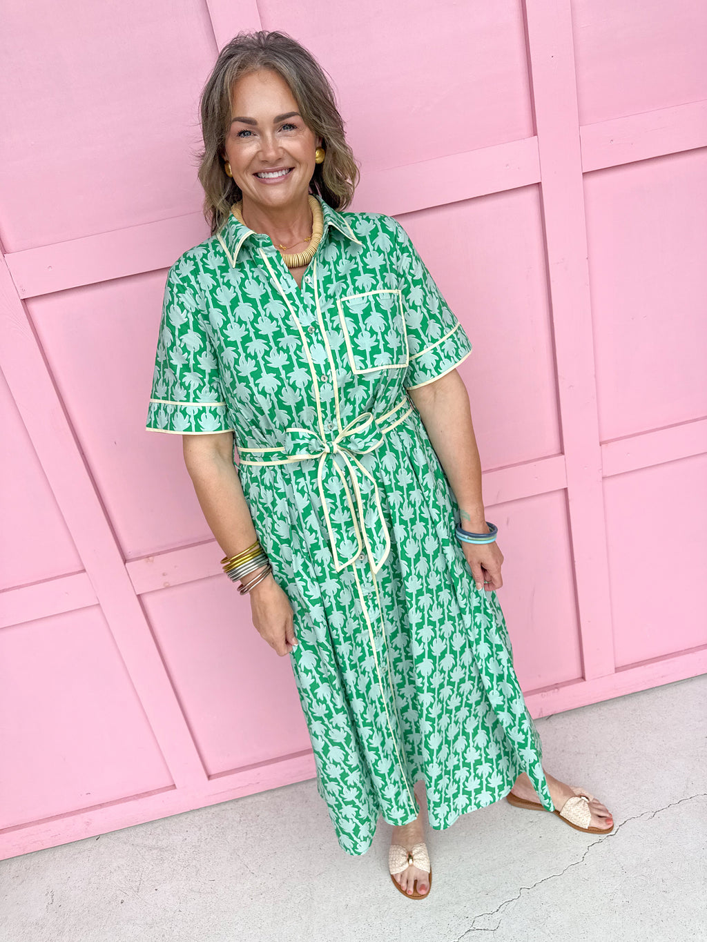 womens boutique dress front buttons colorful hem lined palms greens collared jincy's
