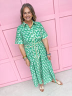 womens boutique dress front buttons colorful hem lined palms greens collared jincy's