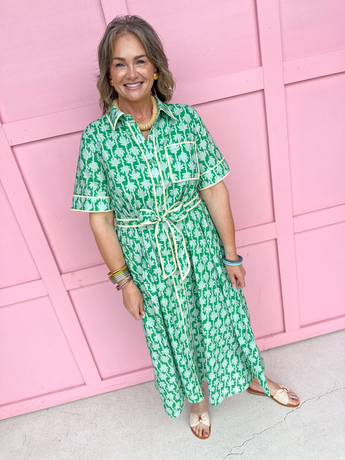 womens boutique dress front buttons colorful hem lined palms greens collared jincy's