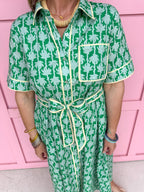 womens boutique dress front buttons colorful hem lined palms greens collared jincy's