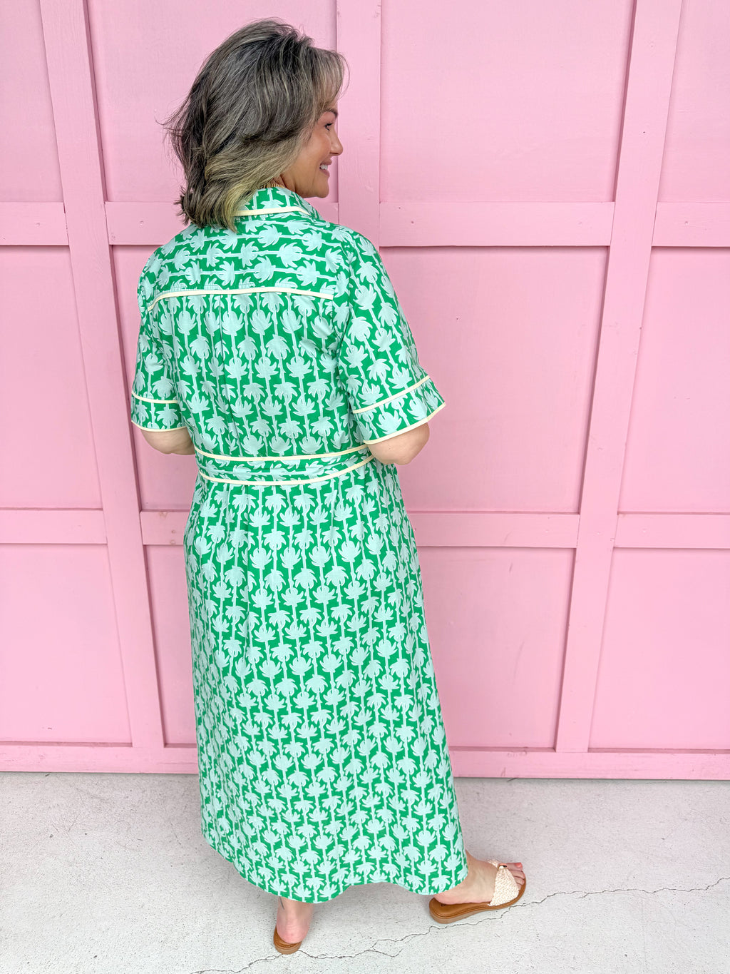 womens boutique dress front buttons colorful hem lined palms greens collared jincy's