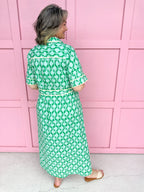 womens boutique dress front buttons colorful hem lined palms greens collared jincy's