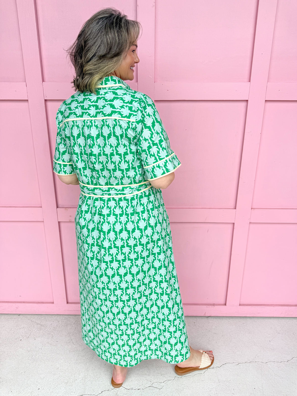 womens boutique dress front buttons colorful hem lined palms greens collared jincy's