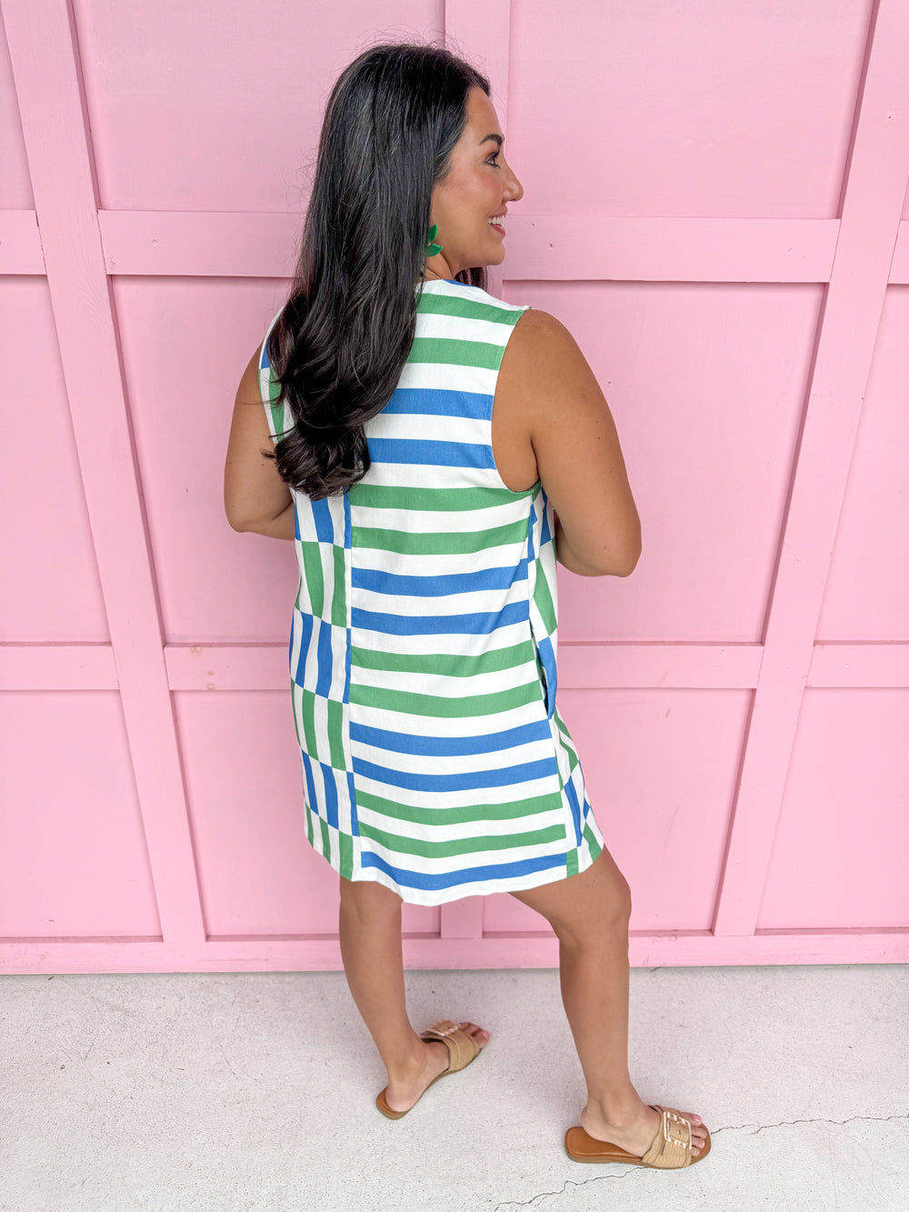 womens boutique dress mini length blue green white stripes crew neck jincy's