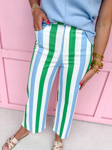 womens boutique pants stripes blue green white pockets zipper button closure jincy's