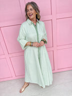 womens boutique dress button front stripes green white maxi length jincy's
