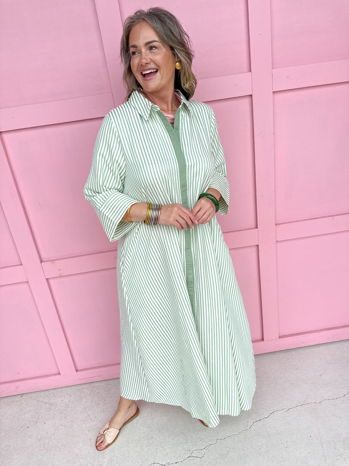 womens boutique dress button front stripes green white maxi length jincy's