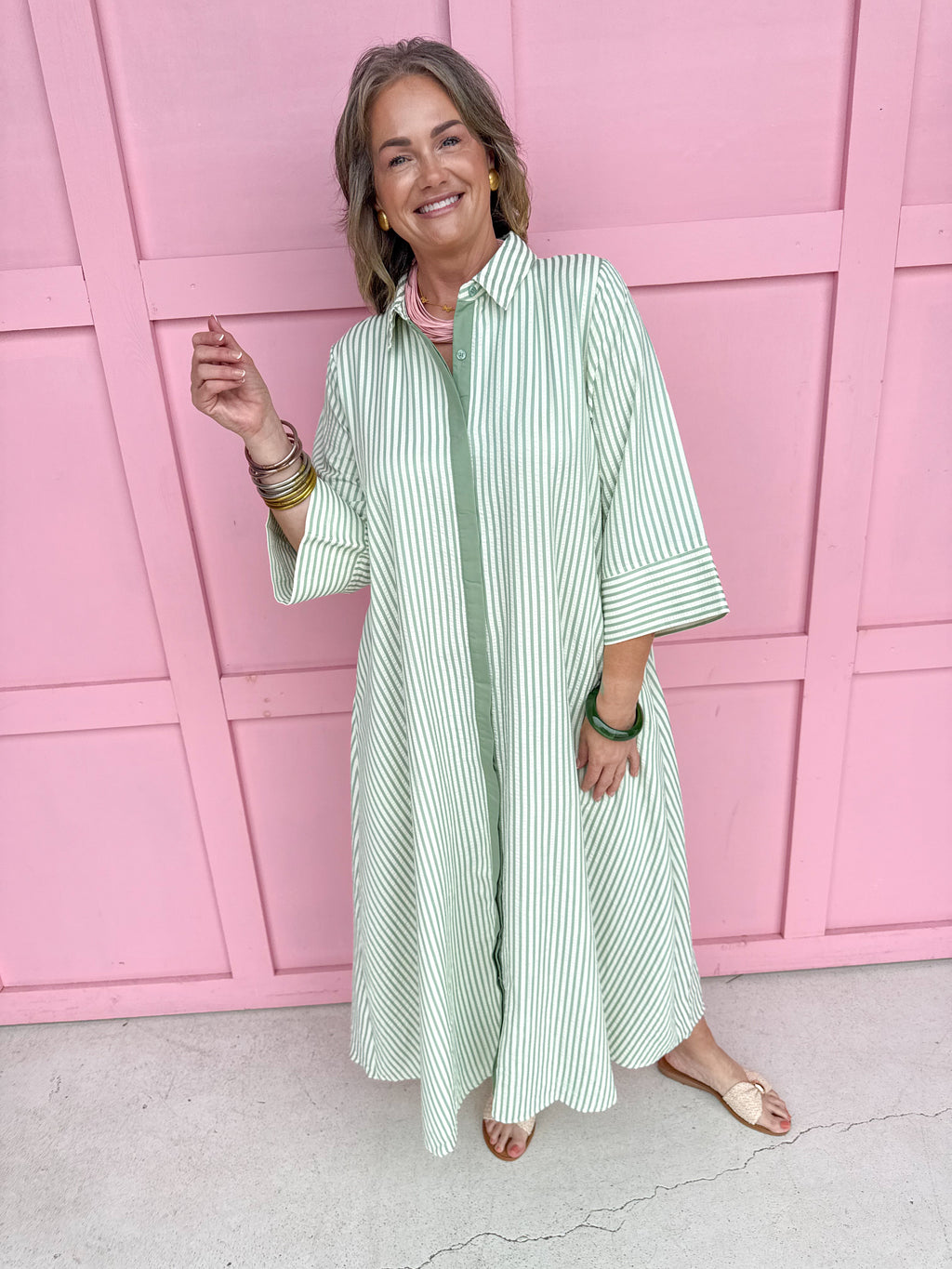 womens boutique dress button front stripes green white maxi length jincy's