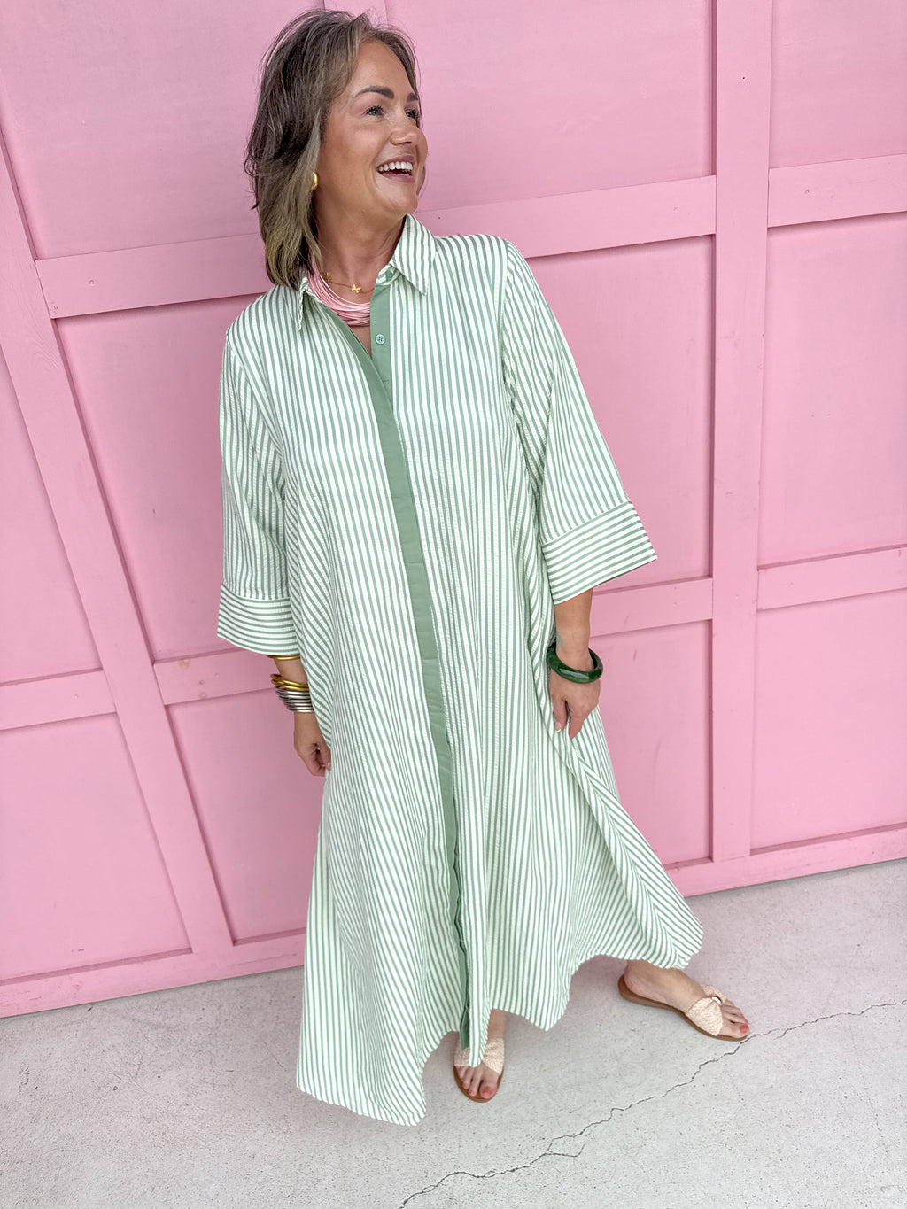 womens boutique dress button front stripes green white maxi length jincy's