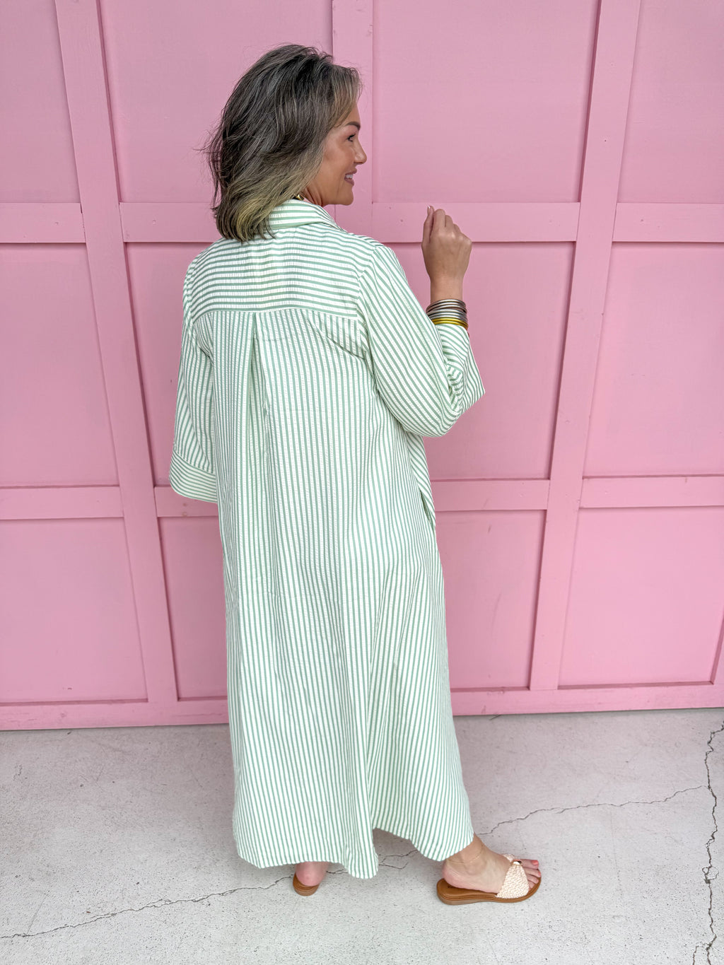 womens boutique dress button front stripes green white maxi length jincy's