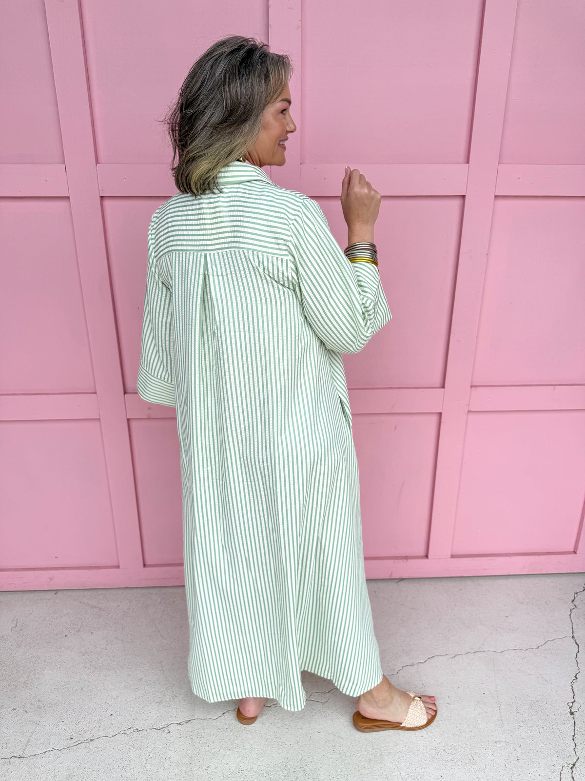 womens boutique dress button front stripes green white maxi length jincy's