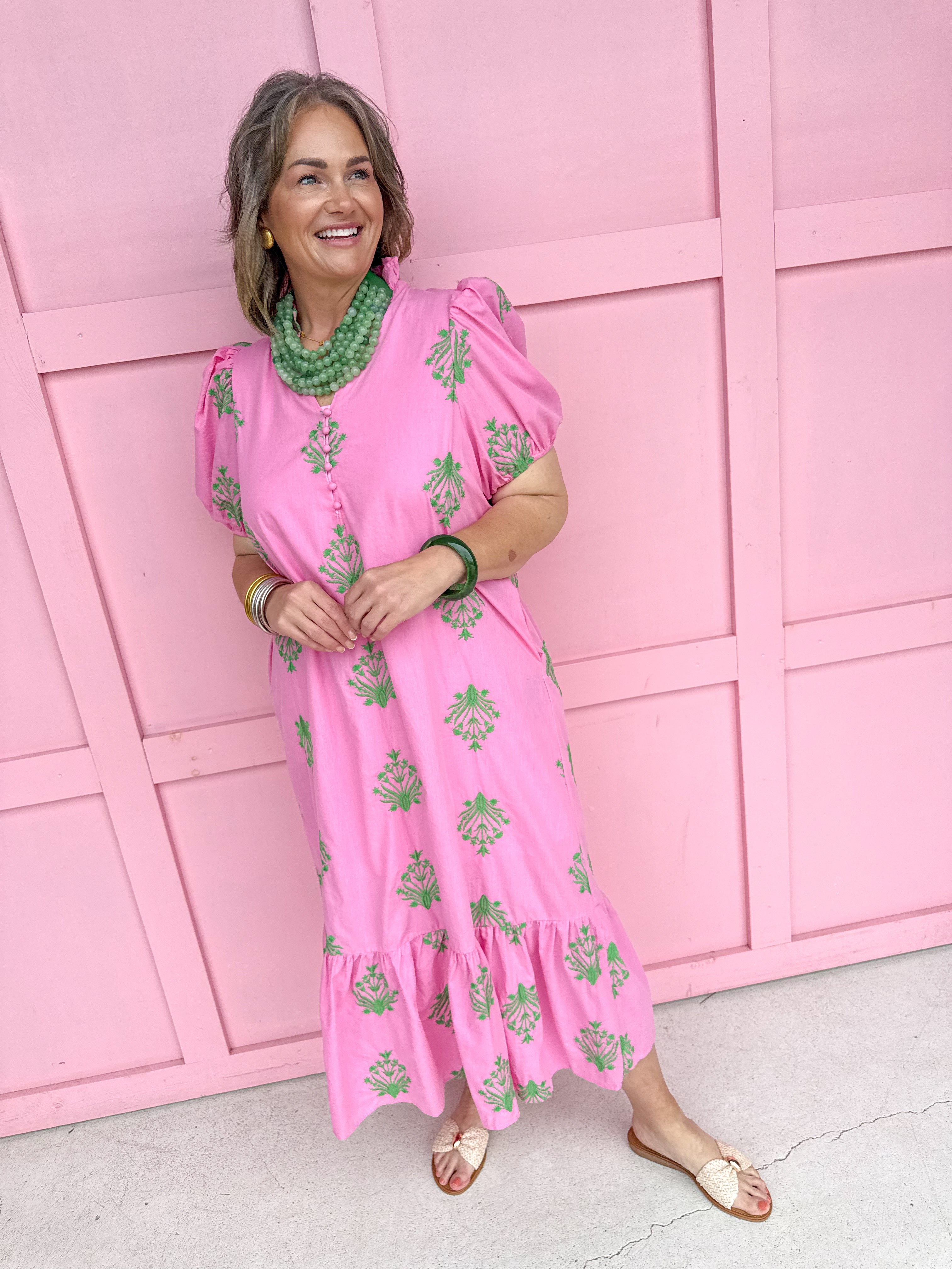 womens boutique maxi dress pink green floral balloon puff sleeves tiered hem ruffle collar jincy's