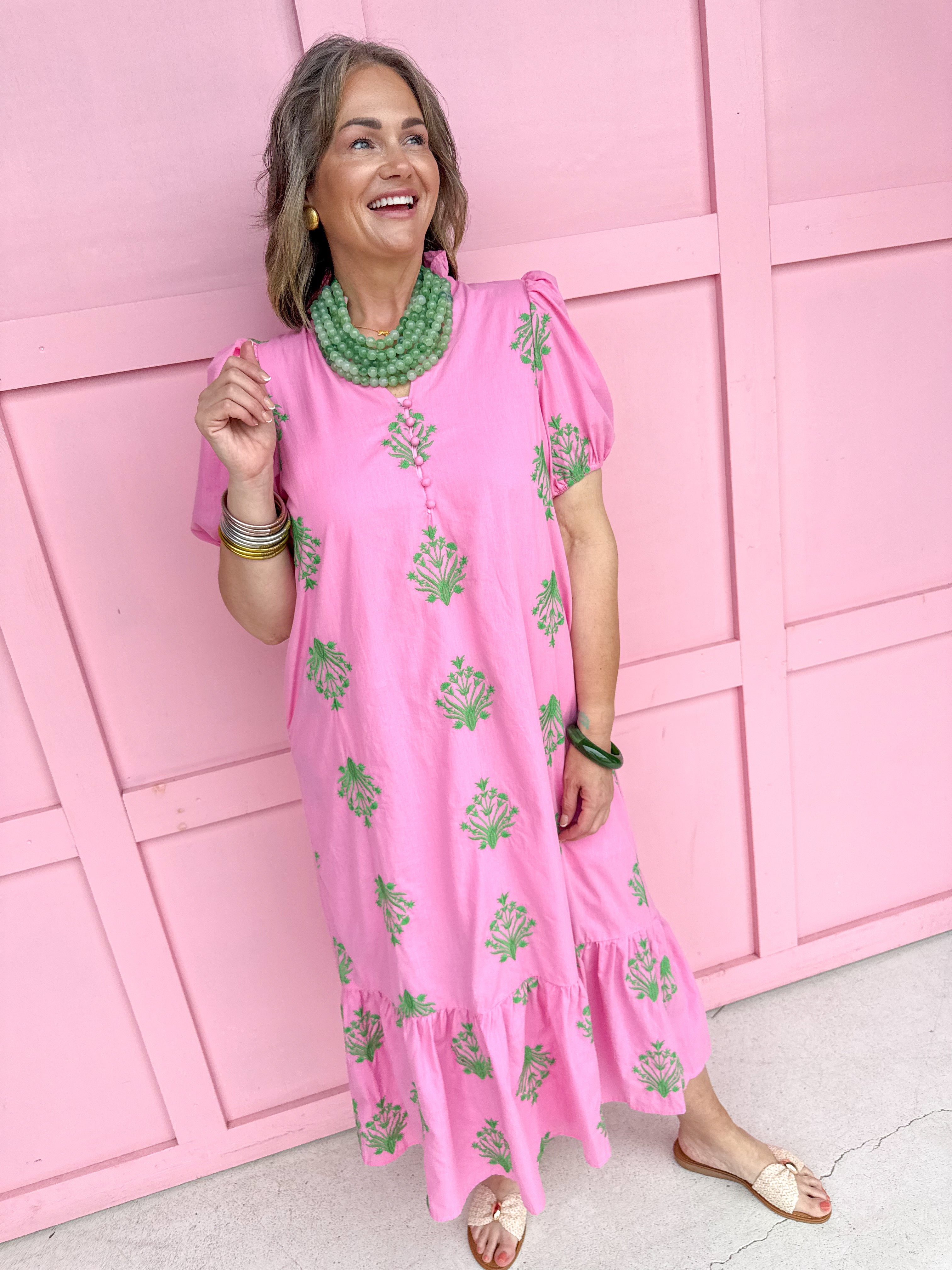 womens boutique maxi dress pink green floral balloon puff sleeves tiered hem ruffle collar jincy's