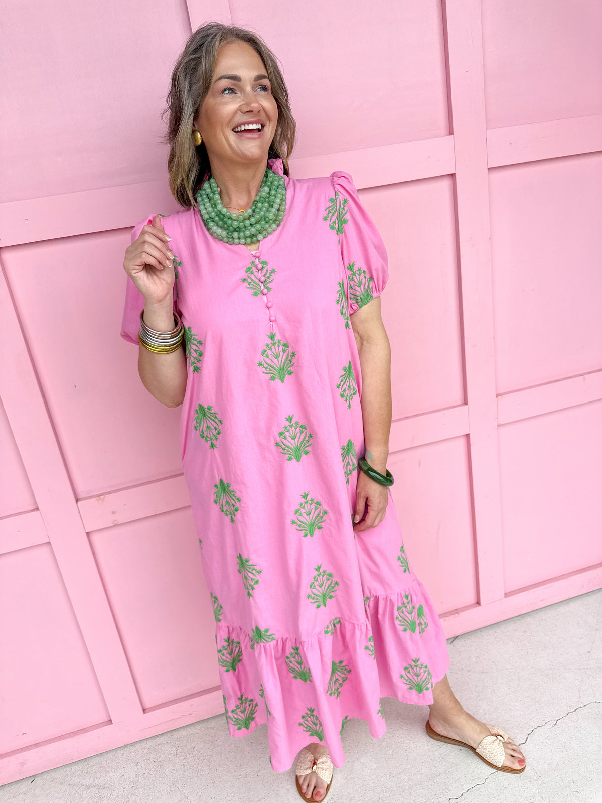 womens boutique maxi dress pink green floral balloon puff sleeves tiered hem ruffle collar jincy's