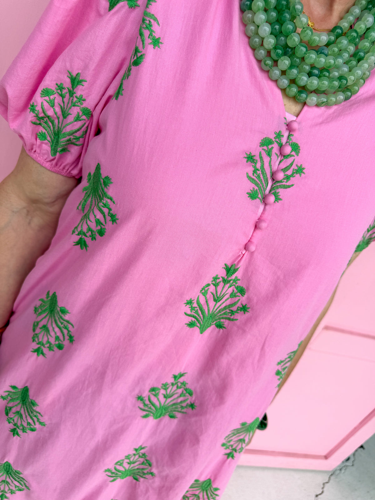 womens boutique maxi dress pink green floral balloon puff sleeves tiered hem ruffle collar jincy's