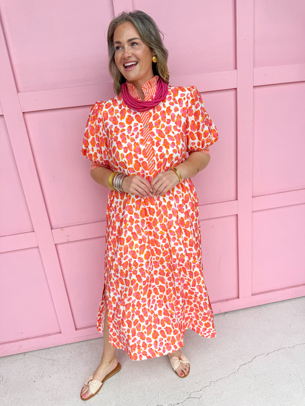 womens boutique mini ruffle collar animal print oranges pink side slits jincy's