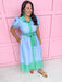 womens boutique dress blue green stripe detail front button puff sleeves jincy's